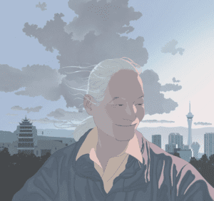 Drawing of Chinese author Gao Ertai with the Mogao caves to the left and the skyline of Las Vegas to the right.