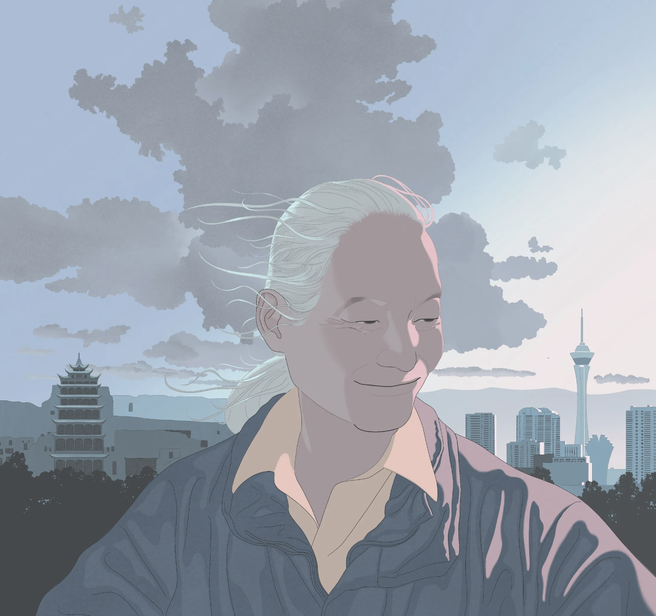 Drawing of Chinese author Gao Ertai with the Mogao caves to the left and the skyline of Las Vegas to the right.